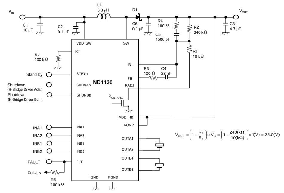 Application Circuit Diagram - Nisshinbo ND1130 Dual H-Bridge Driver with Boost Converter